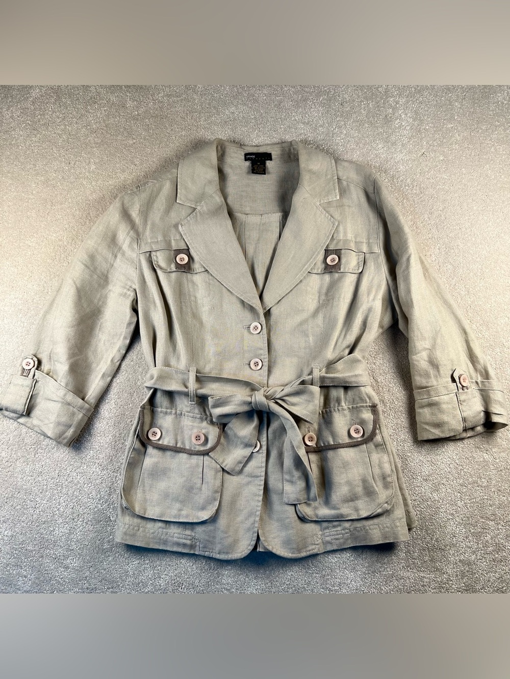 100% Linen Button Up Blazer Shacket Collared Beige Patch Pockets Women's Medium